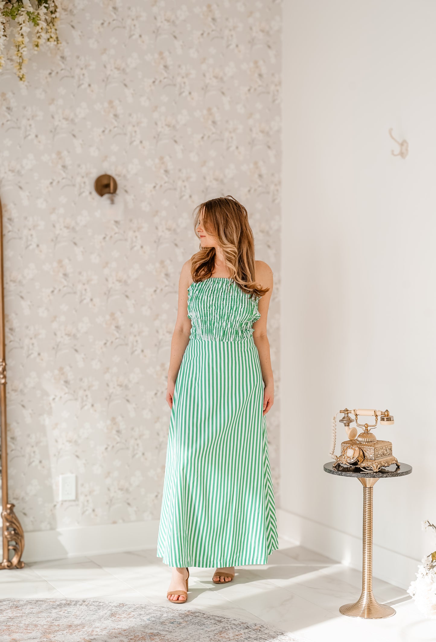 Smocked Strapless Striped Dress