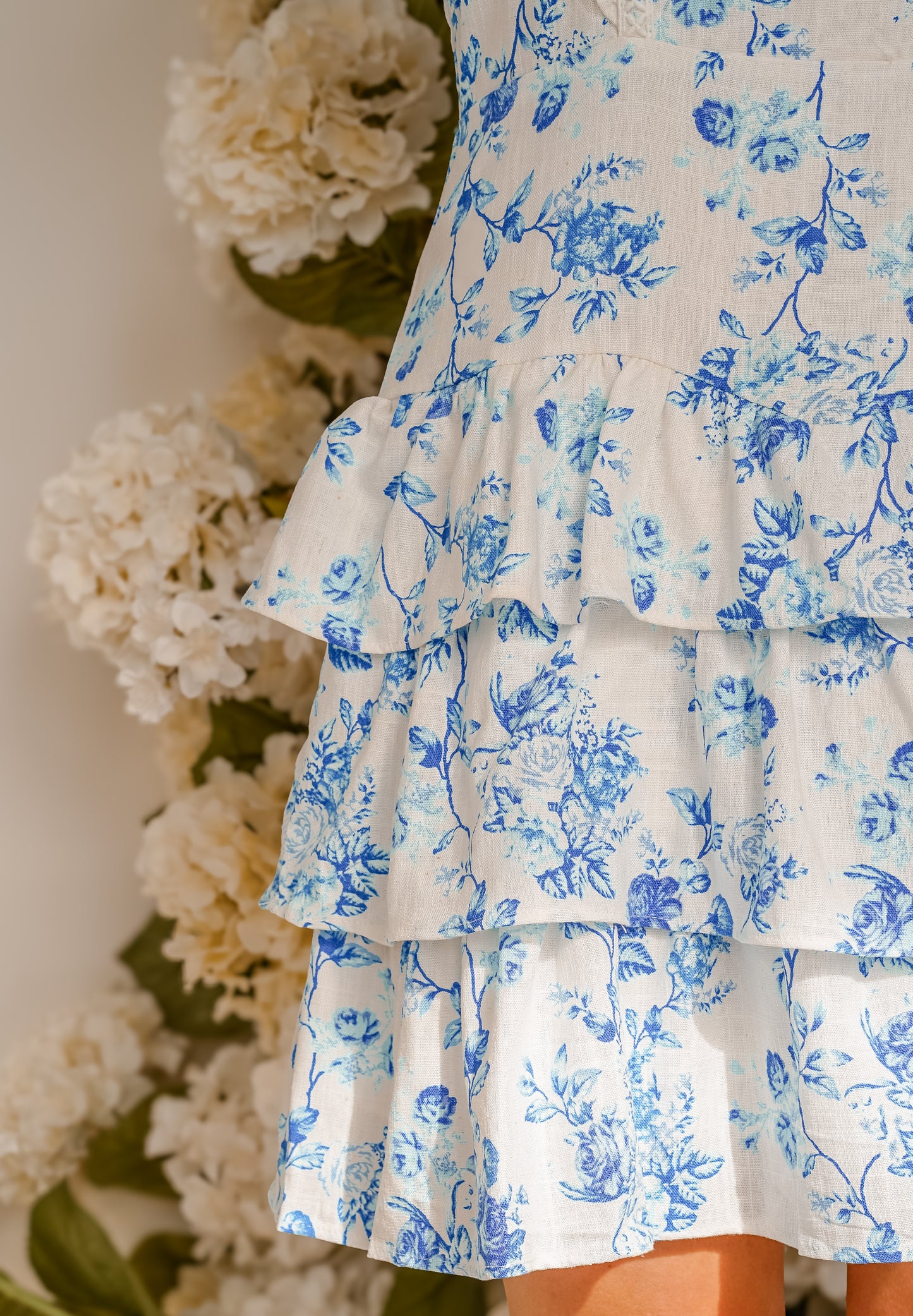Blue and White Ruffled Floral Dress