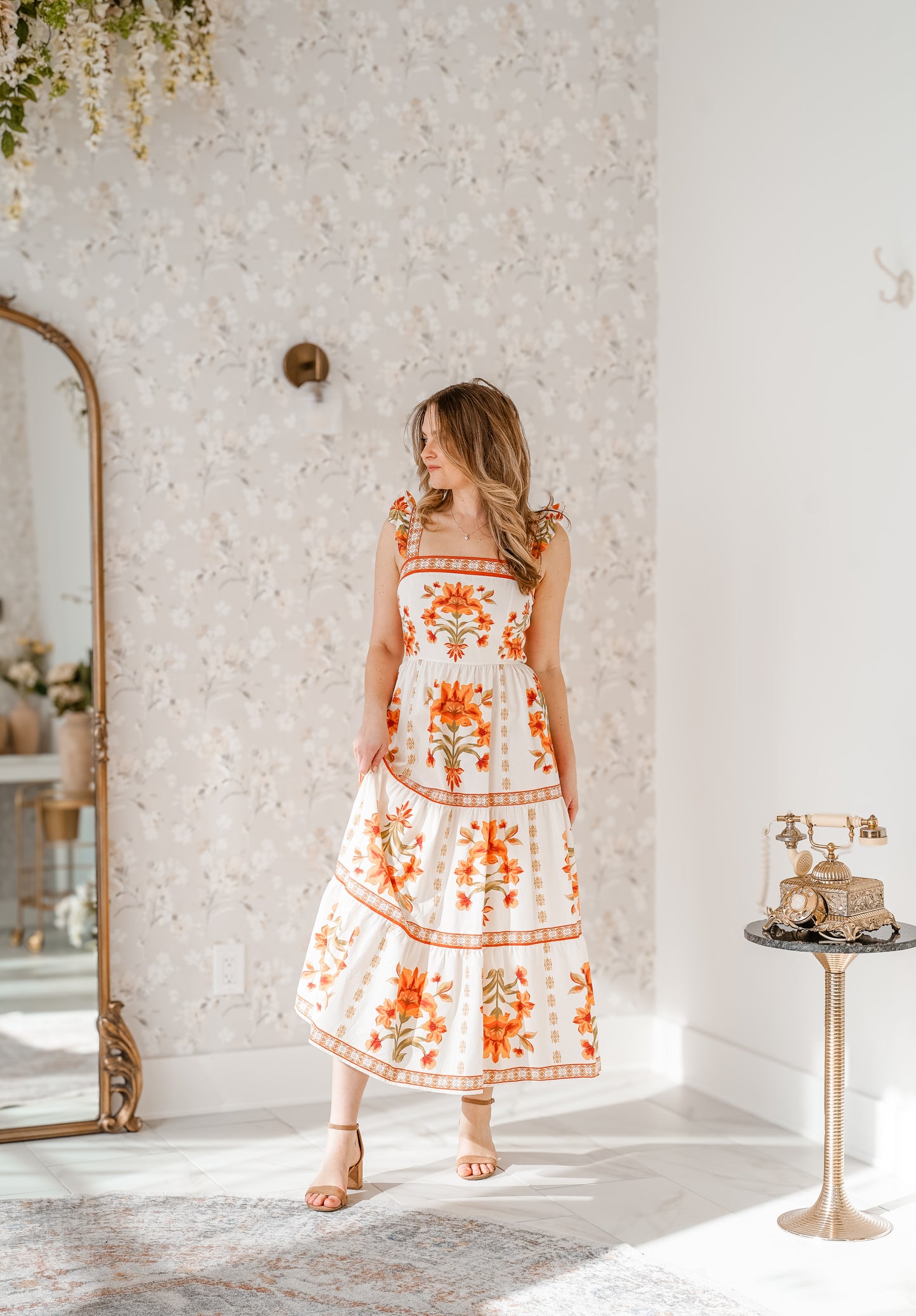 Orange Detailed Midi Dress