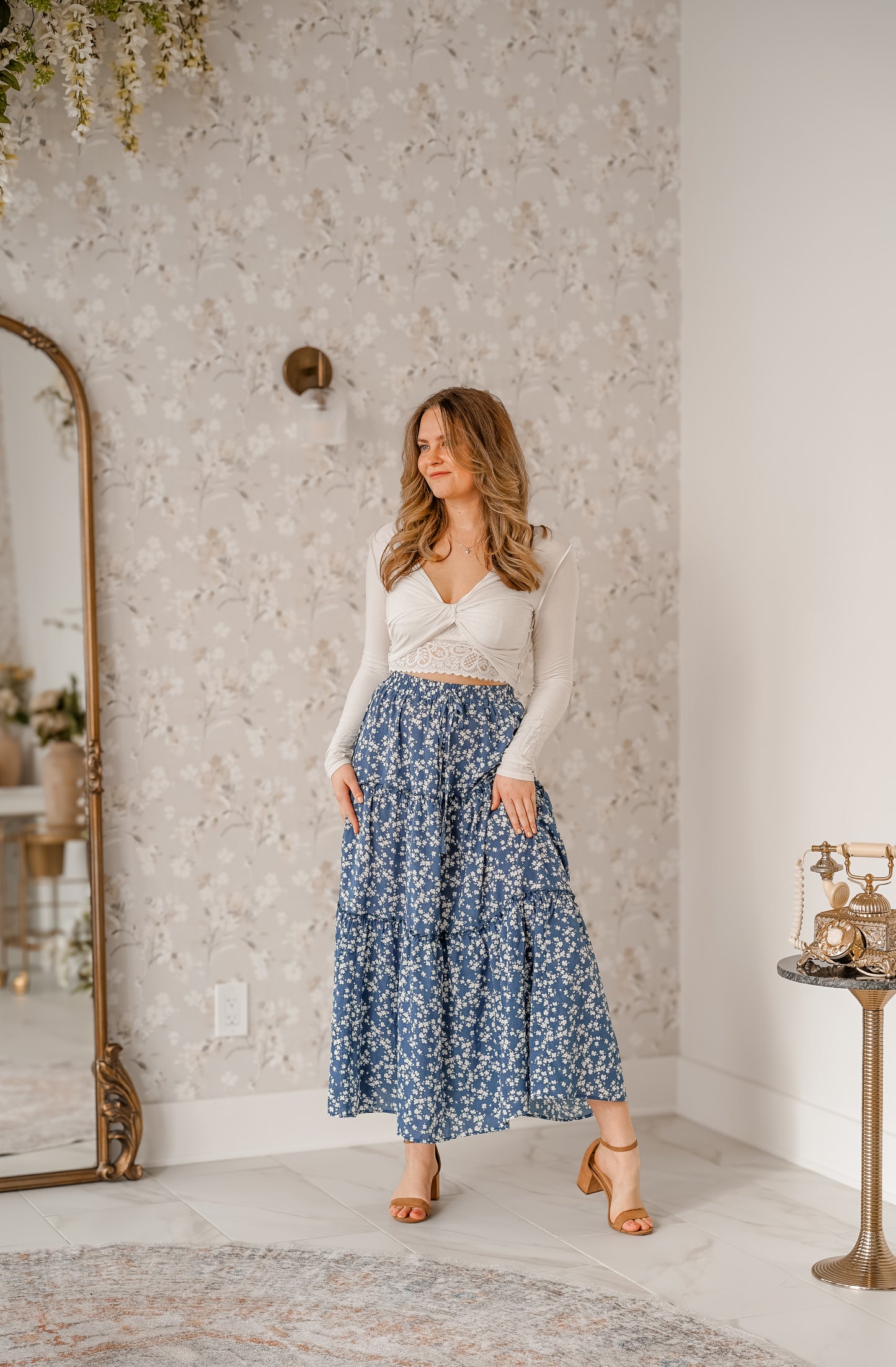 Blue and White Floral Maxi Skirt