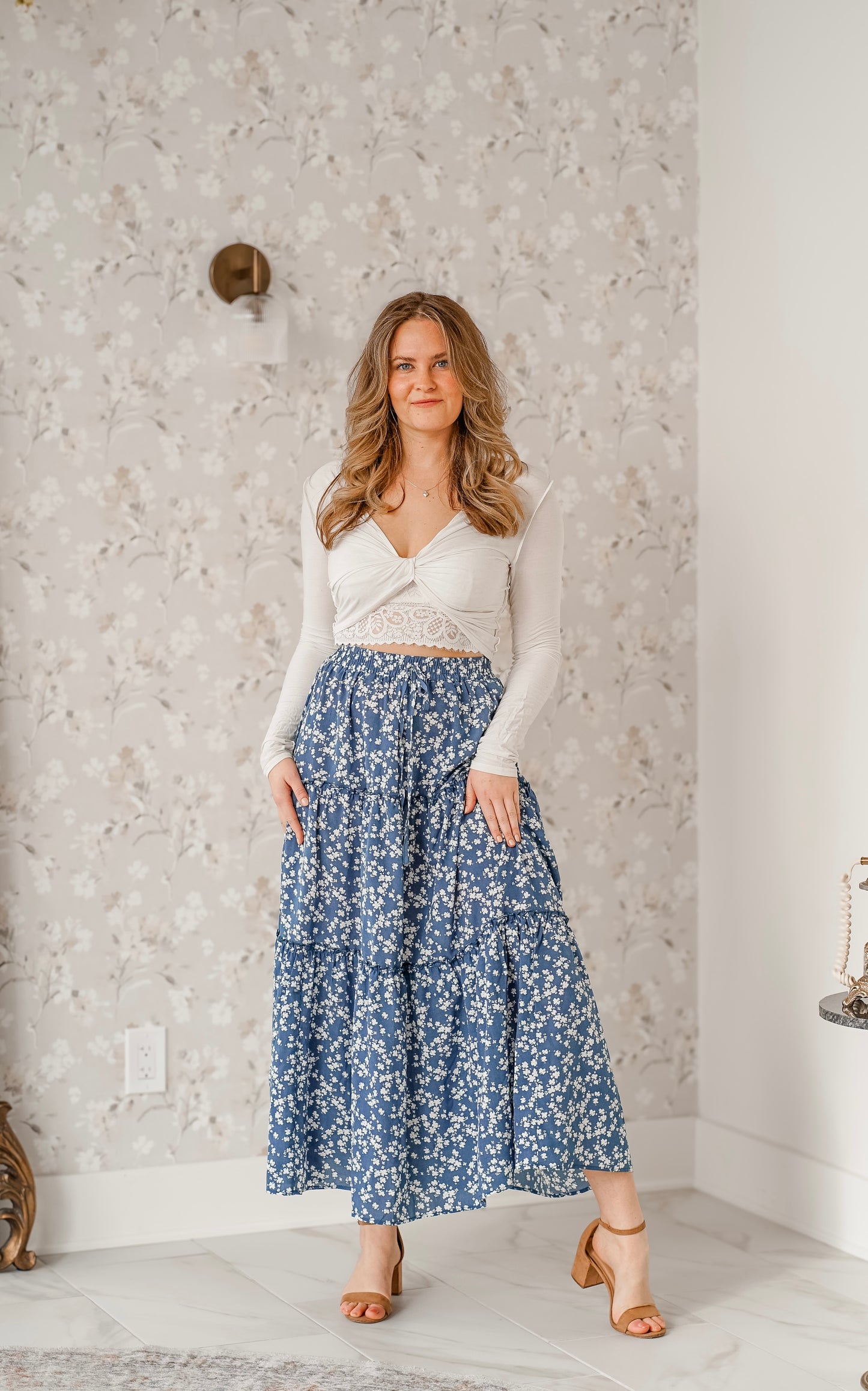 Blue and White Floral Maxi Skirt